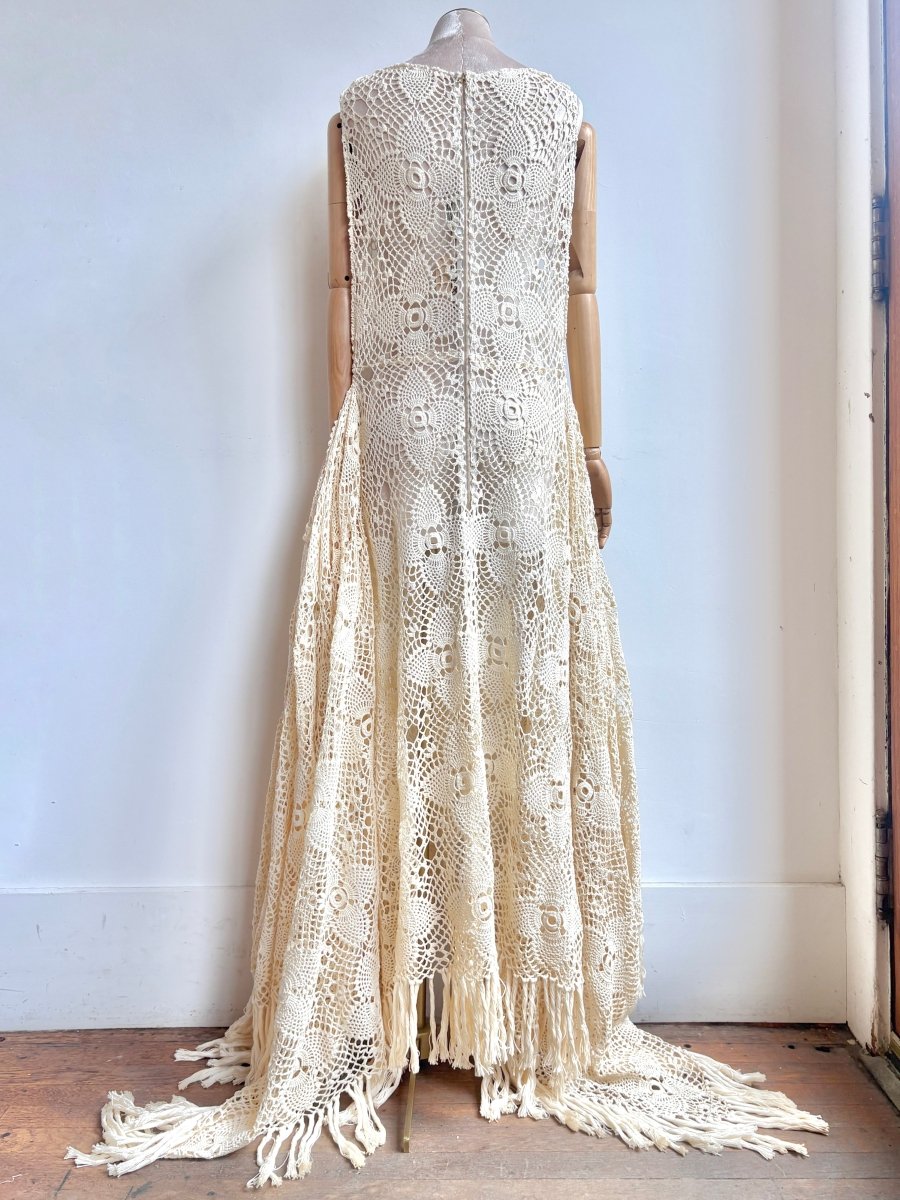 Zero-Waste Dress in Iris White Flower Crochet Lace with Fringe - Image 5
