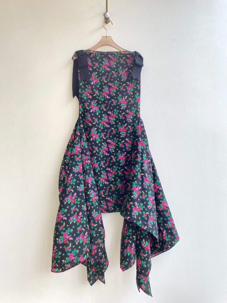 Zero Waste Black & Floral Print Dress w/ Black Bow Accent