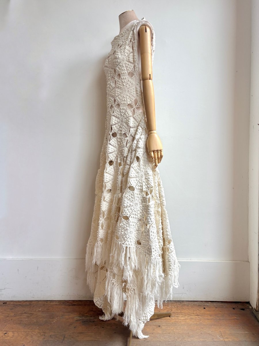 Zero-Waste Dress in Bright White Urchin Crochet Lace with Fringe - Image 3