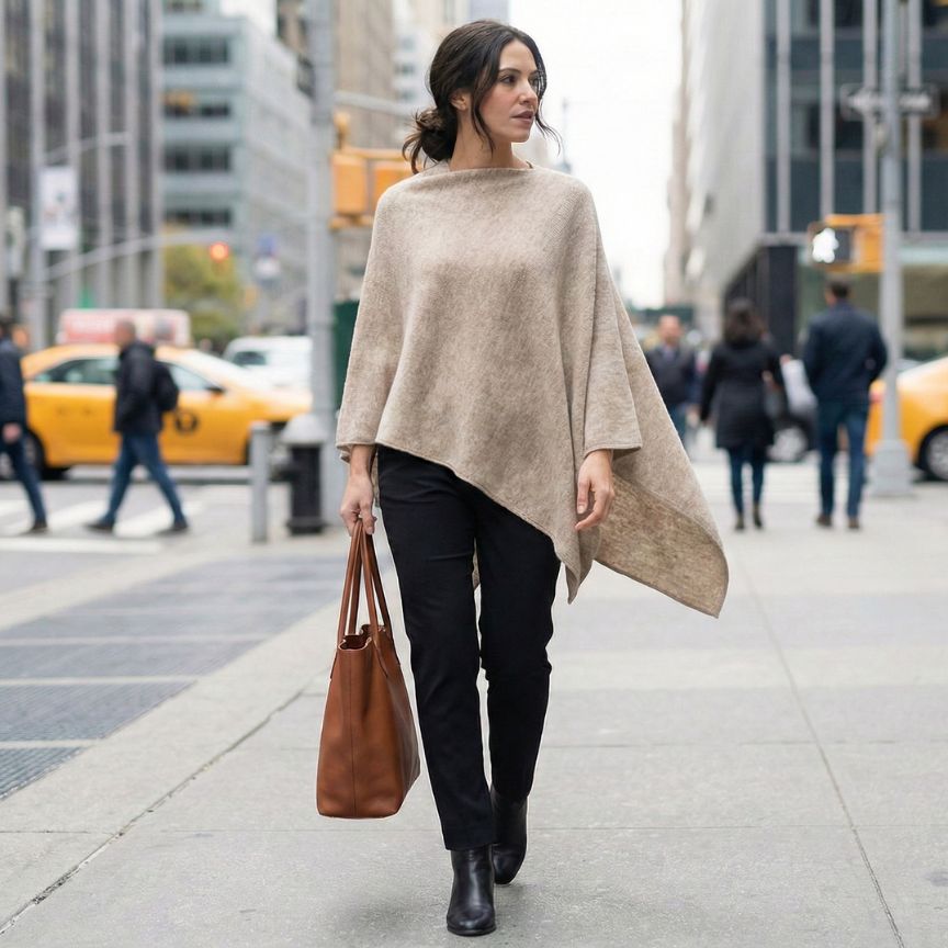 Undyed Cashmere Poncho - V-Neck, Women's