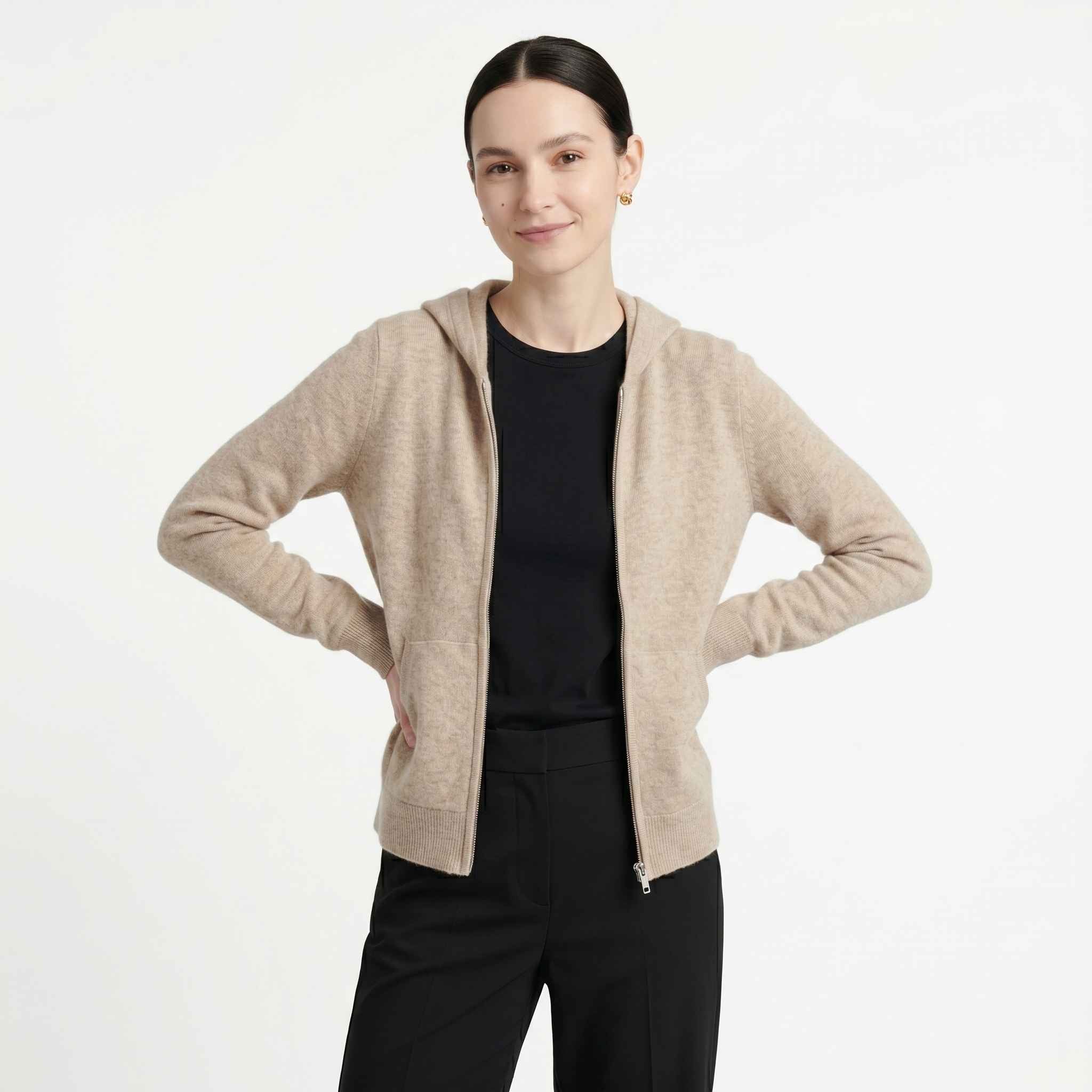 Women's Undyed Cashmere Zip Hoodie - Natural Melange - Image 14