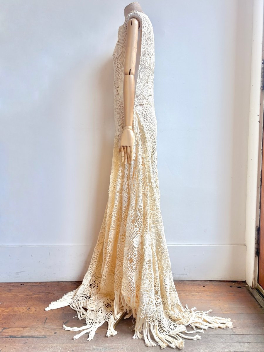 Zero-Waste Dress in Iris White Flower Crochet Lace with Fringe - Image 2