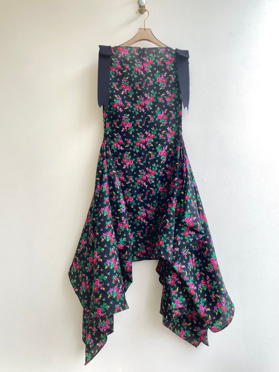 Zero Waste Black & Floral Print Dress w/ Black Bow Accent - Image 2