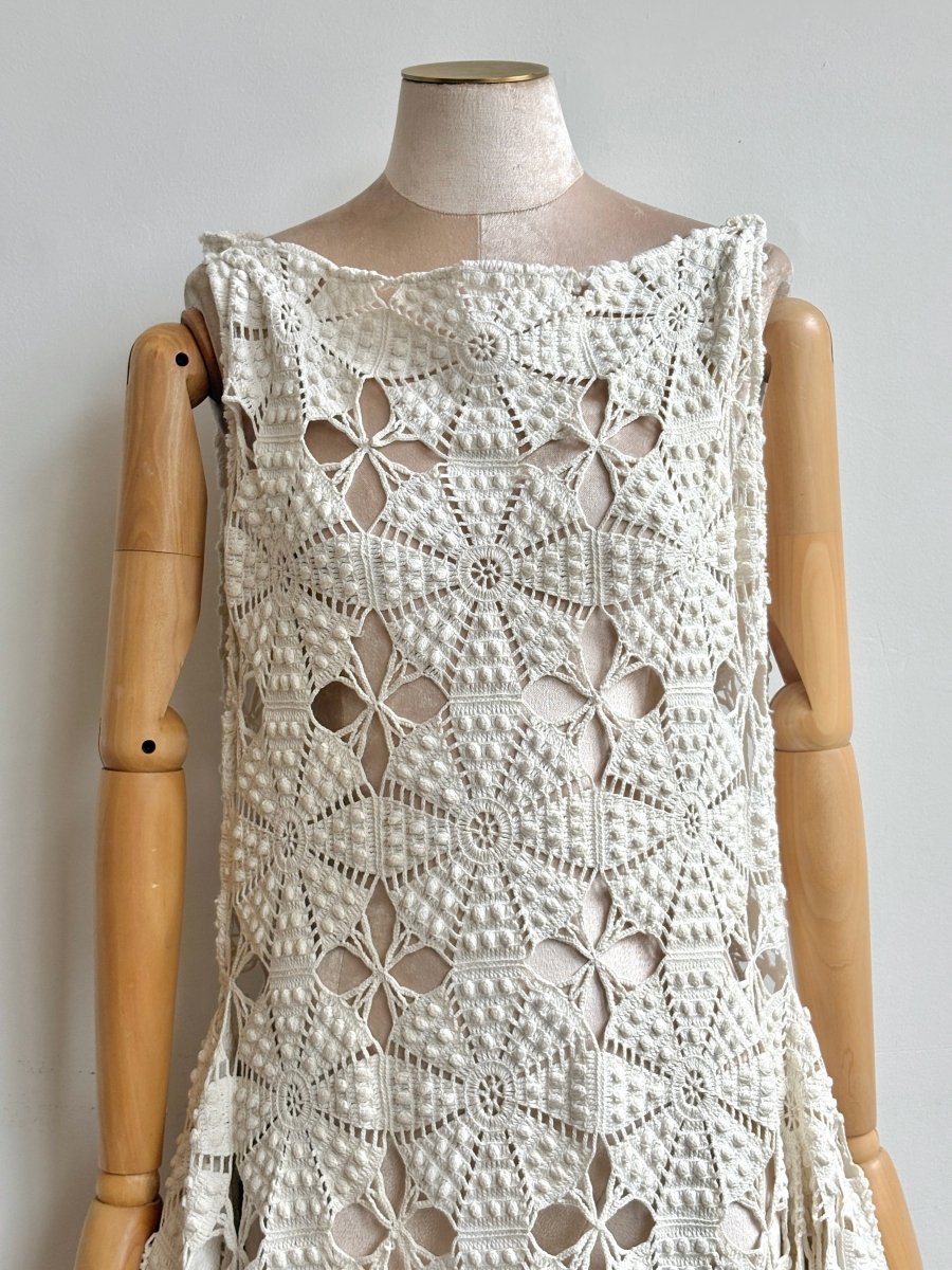 Zero-Waste Dress in Bright White Urchin Crochet Lace with Fringe - Image 2