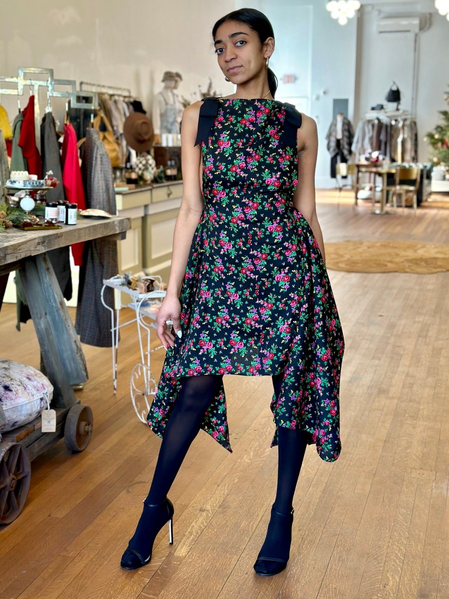 Zero Waste Black & Floral Print Dress w/ Black Bow Accent - Image 3