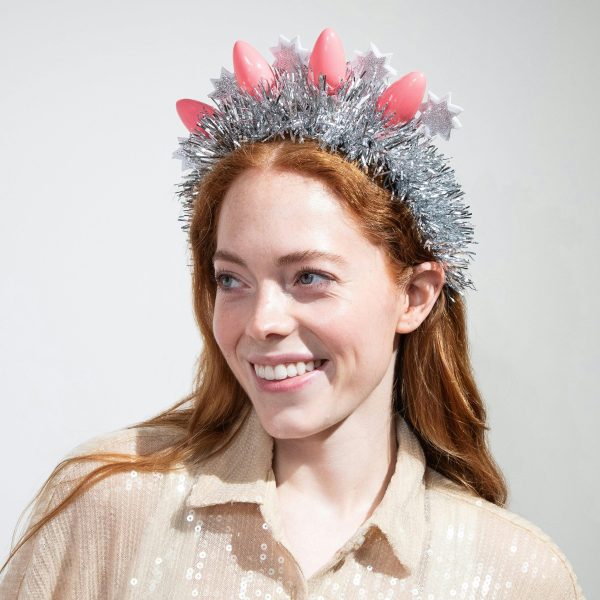 Packed Party Tinsel Topper Christmas Light Novelty Headband - Silver Tinsel with Pink Christmas Lights and Silver Glitter Stars for Holiday Parties, One Size - Image 4