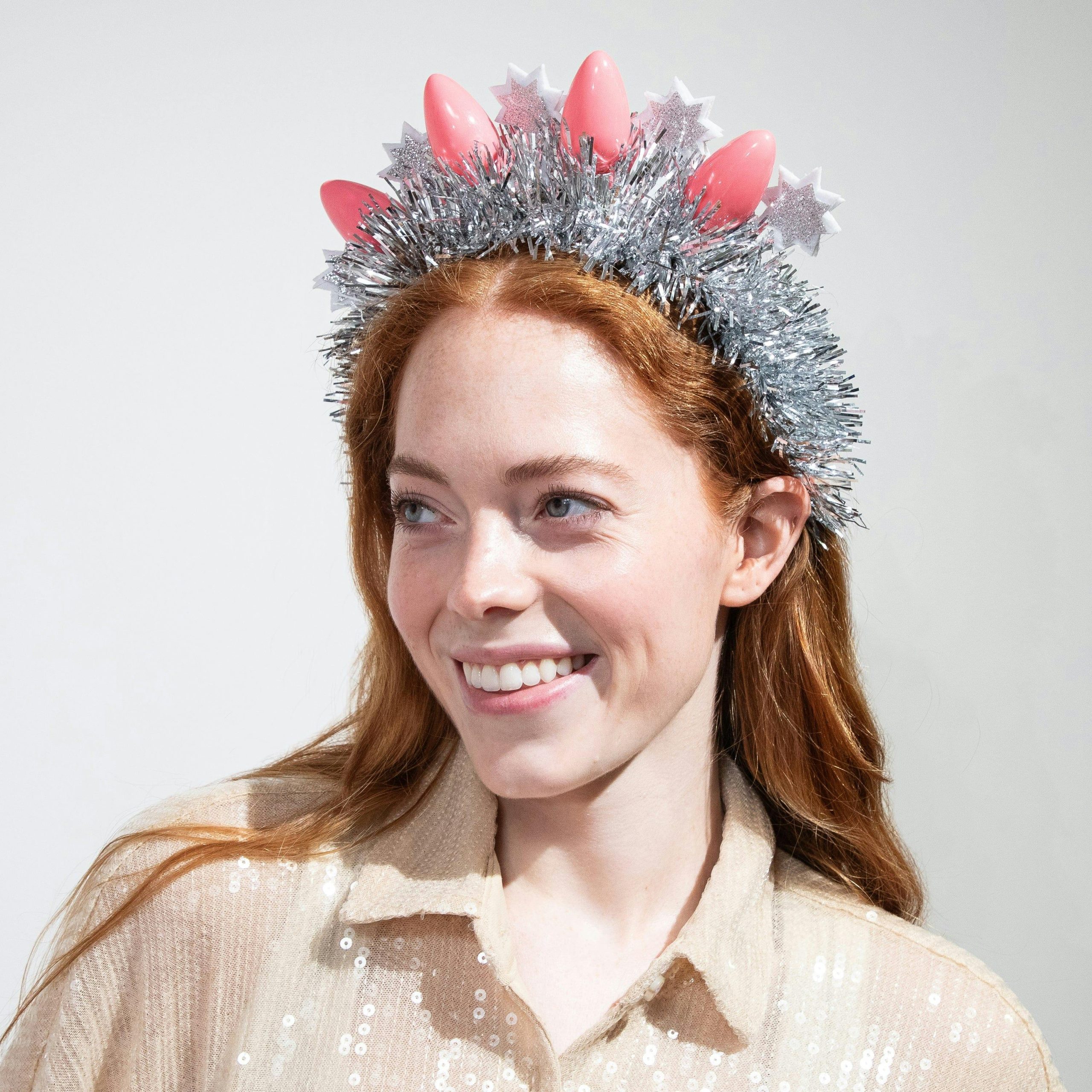 Packed Party Tinsel Topper Christmas Light Novelty Headband - Silver Tinsel with Pink Christmas Lights and Silver Glitter Stars for Holiday Parties, One Size - Image 4