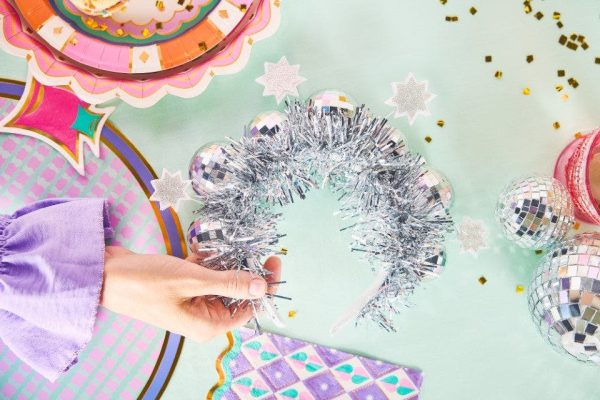Packed Party Disco Ball Novelty Headband - Silver Tinsel Satin Headband with Multi-Size Disco Balls and Silver Glitter Stars, One Size Fits All - Image 9
