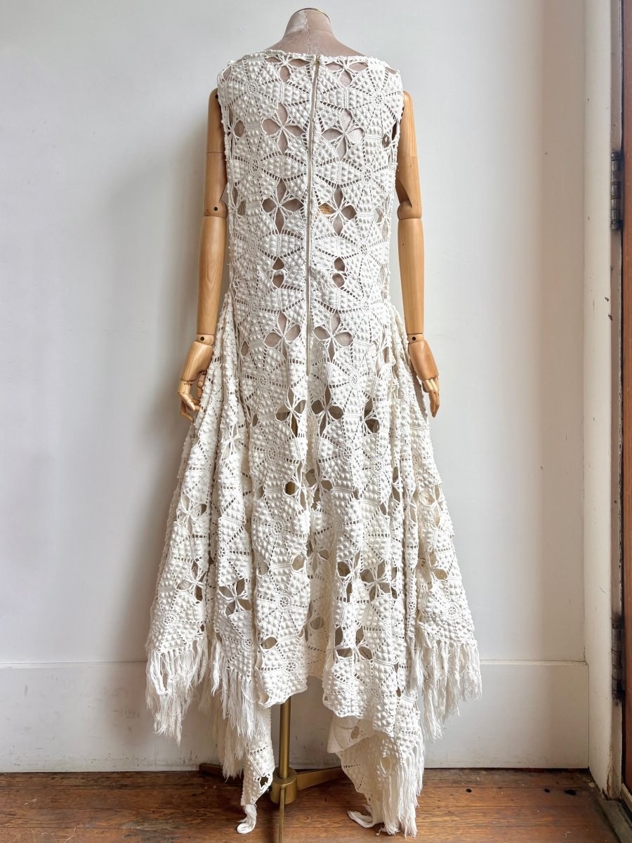 Zero-Waste Dress in Bright White Urchin Crochet Lace with Fringe - Image 5