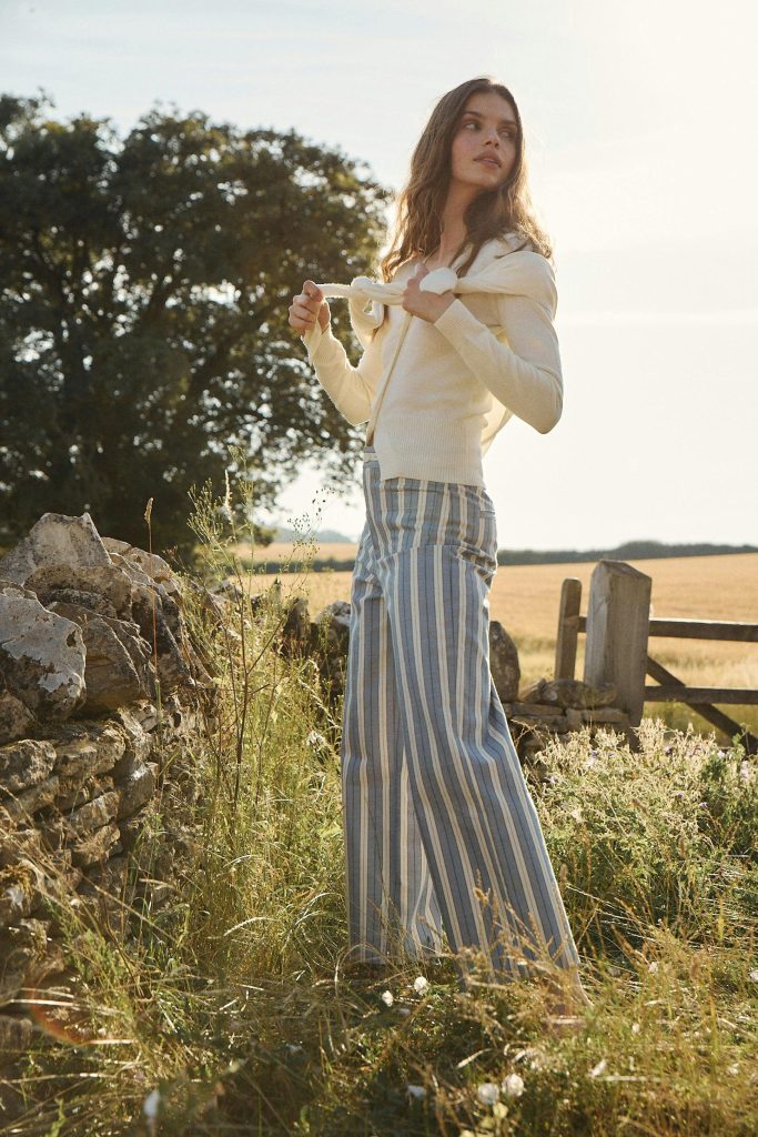 The Mindy Pant - Coln Ticking Stripe Dusty Blue