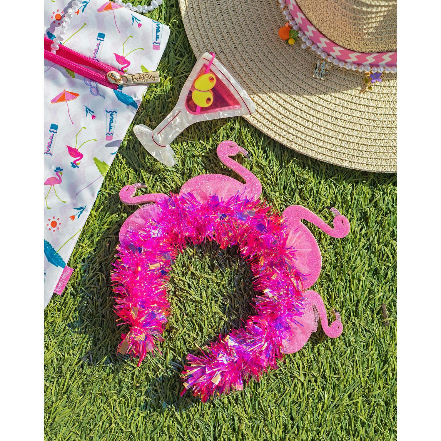 Packed Party Flamingo Party Novelty Headband - Pink Tinsel with 3D Glitter Flamingos for Beach, Pool, and Bachelorette Parties, 8.5x9.5 Inch, One Size - Image 3