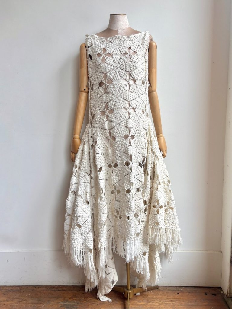 Zero-Waste Dress in Bright White Urchin Crochet Lace with Fringe