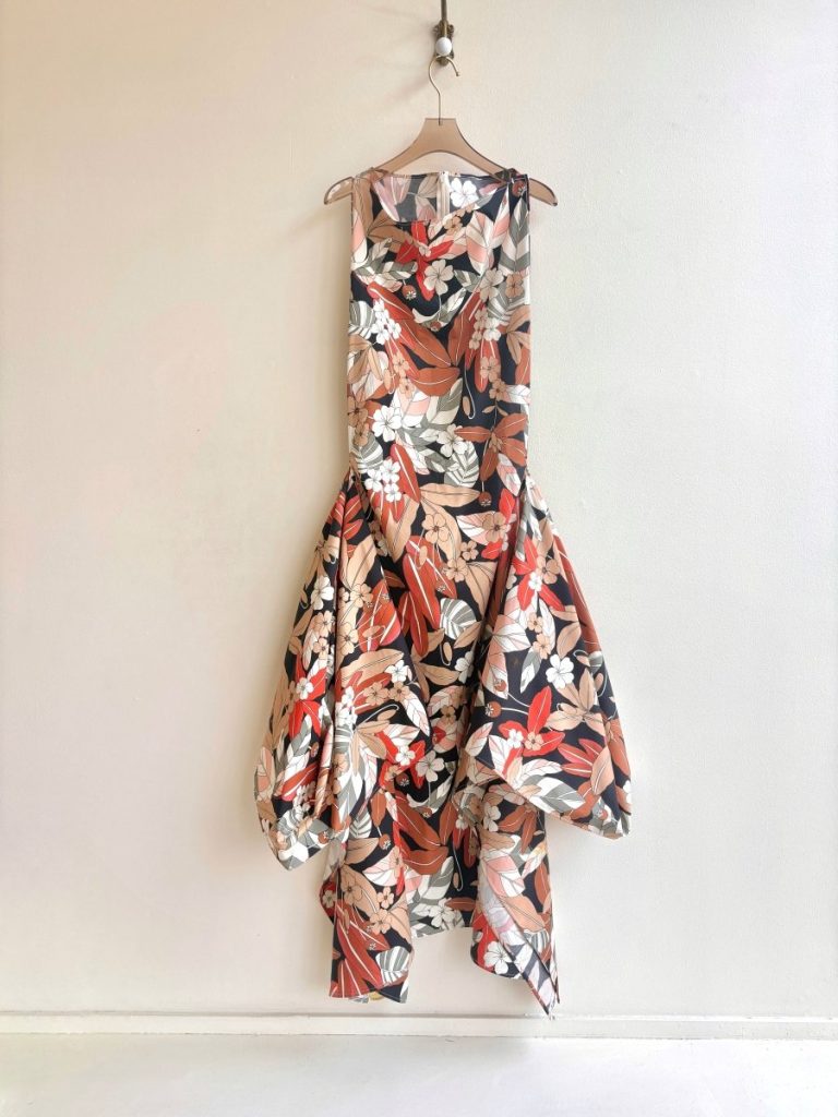 Zero-Waste Dress in Orange, Brown, Black & Cream Floral Print