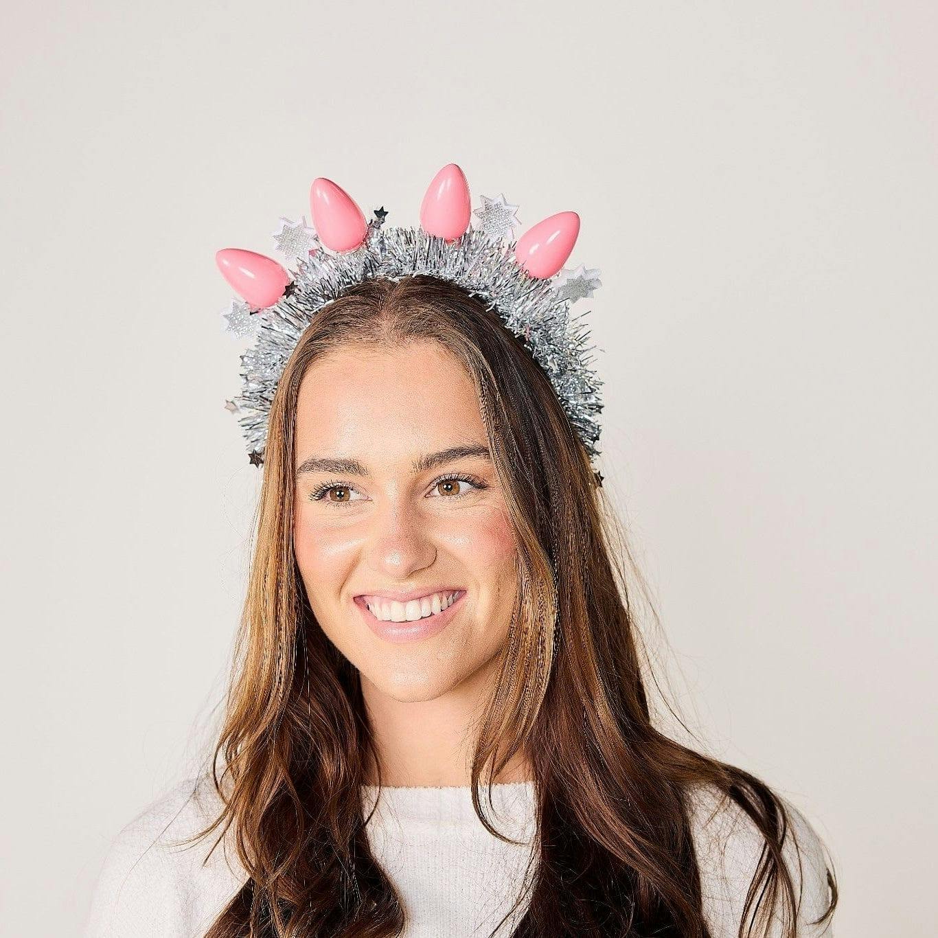 Packed Party Tinsel Topper Christmas Light Novelty Headband - Silver Tinsel with Pink Christmas Lights and Silver Glitter Stars for Holiday Parties, One Size - Image 9