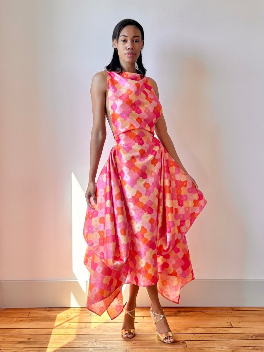 Zero-Waste Dress in Pink, Orange and Gold Metallic Floral Jacquard - Image 2