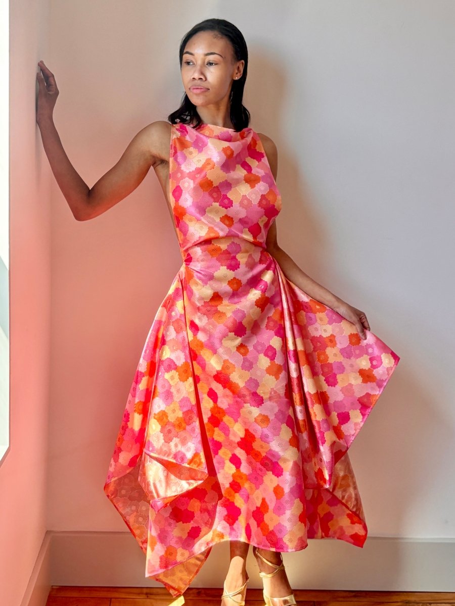 Zero-Waste Dress in Pink, Orange and Gold Metallic Floral Jacquard - Image 4