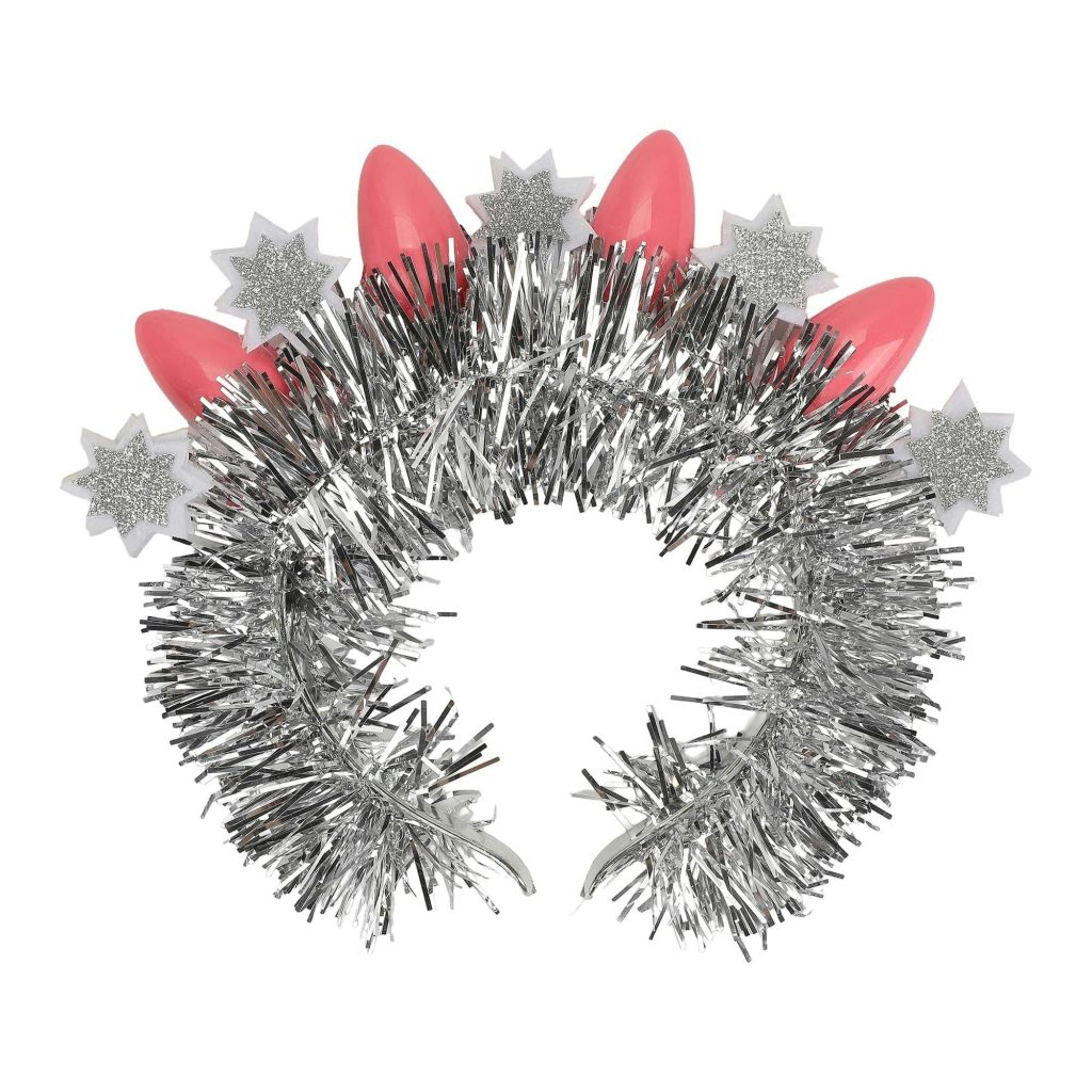 Packed Party Tinsel Topper Christmas Light Novelty Headband - Silver Tinsel with Pink Christmas Lights and Silver Glitter Stars for Holiday Parties, One Size