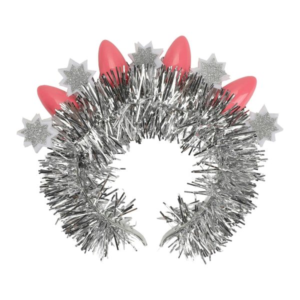Packed Party Tinsel Topper Christmas Light Novelty Headband - Silver Tinsel with Pink Christmas Lights and Silver Glitter Stars for Holiday Parties, One Size - Image 3