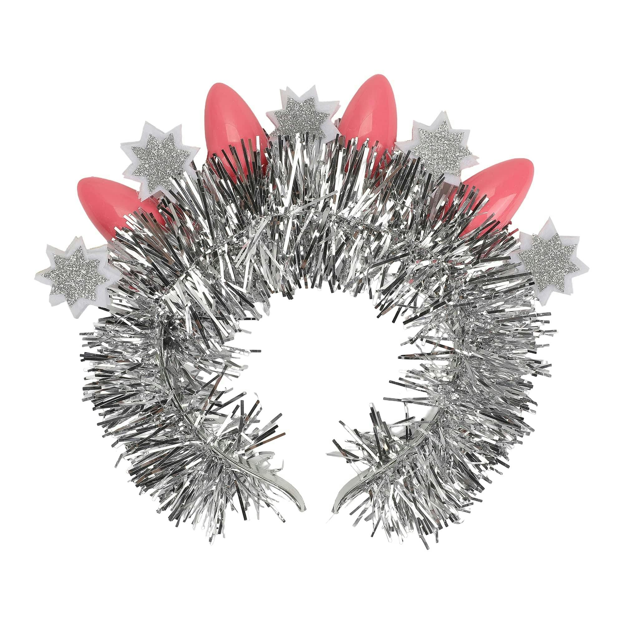 Packed Party Tinsel Topper Christmas Light Novelty Headband - Silver Tinsel with Pink Christmas Lights and Silver Glitter Stars for Holiday Parties, One Size - Image 3