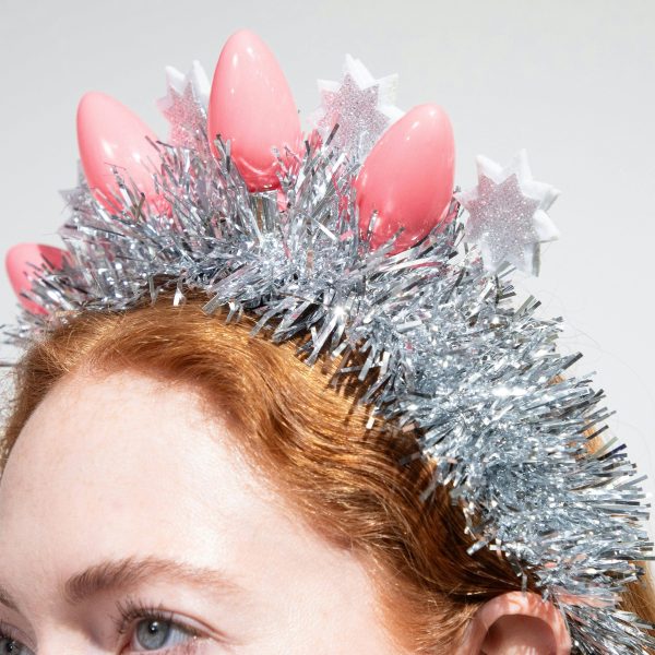 Packed Party Tinsel Topper Christmas Light Novelty Headband - Silver Tinsel with Pink Christmas Lights and Silver Glitter Stars for Holiday Parties, One Size - Image 5