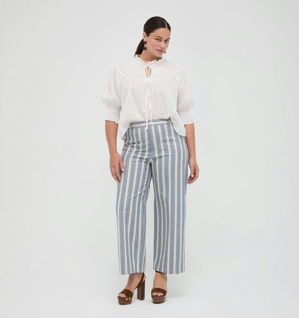 The Mindy Pant - Coln Ticking Stripe Dusty Blue