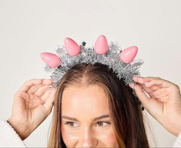 Packed Party Tinsel Topper Christmas Light Novelty Headband - Silver Tinsel with Pink Christmas Lights and Silver Glitter Stars for Holiday Parties, One Size - Image 8