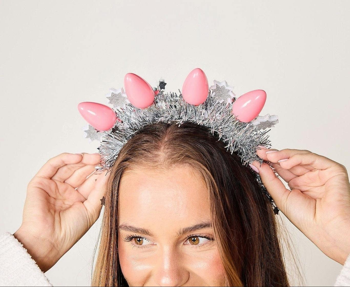 Packed Party Tinsel Topper Christmas Light Novelty Headband - Silver Tinsel with Pink Christmas Lights and Silver Glitter Stars for Holiday Parties, One Size - Image 8