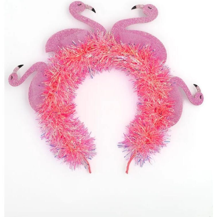 Packed Party Flamingo Party Novelty Headband - Pink Tinsel with 3D Glitter Flamingos for Beach, Pool, and Bachelorette Parties, 8.5x9.5 Inch, One Size