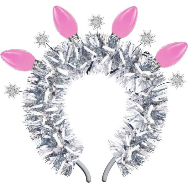 Packed Party Tinsel Topper Christmas Light Novelty Headband - Silver Tinsel with Pink Christmas Lights and Silver Glitter Stars for Holiday Parties, One Size - Image 1