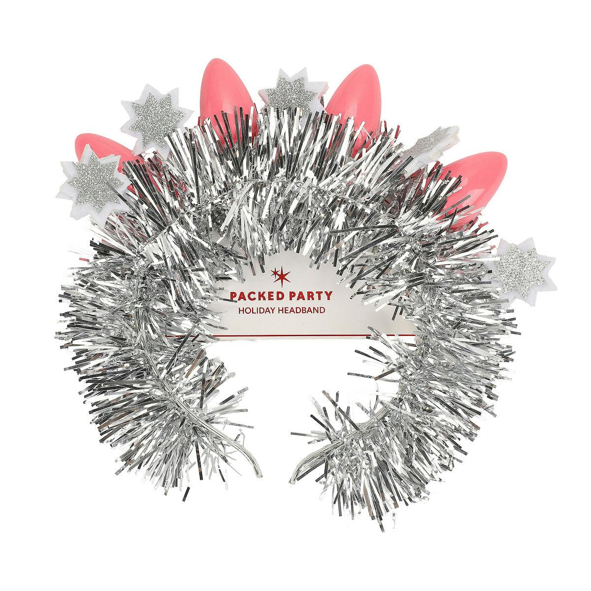 Packed Party Tinsel Topper Christmas Light Novelty Headband - Silver Tinsel with Pink Christmas Lights and Silver Glitter Stars for Holiday Parties, One Size - Image 7