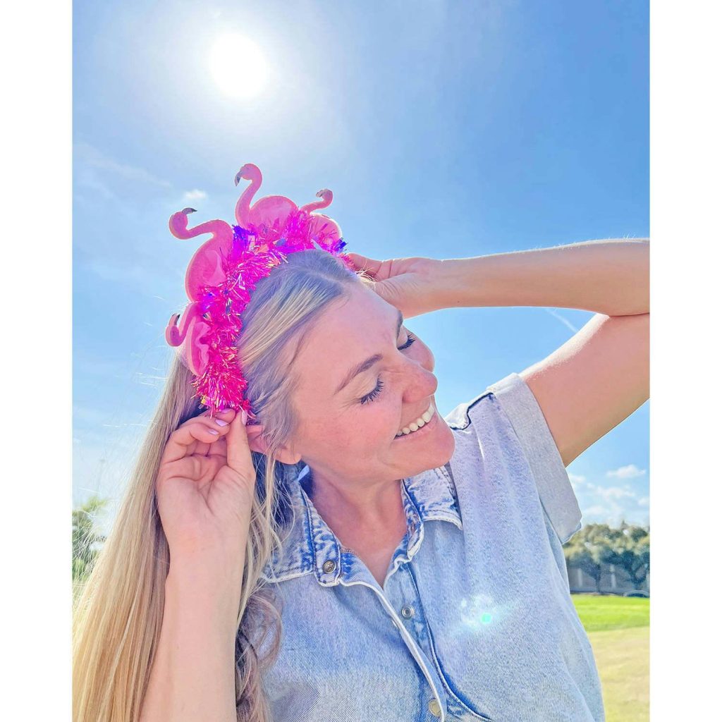 Packed Party Flamingo Party Novelty Headband - Pink Tinsel with 3D Glitter Flamingos for Beach, Pool, and Bachelorette Parties, 8.5x9.5 Inch, One Size