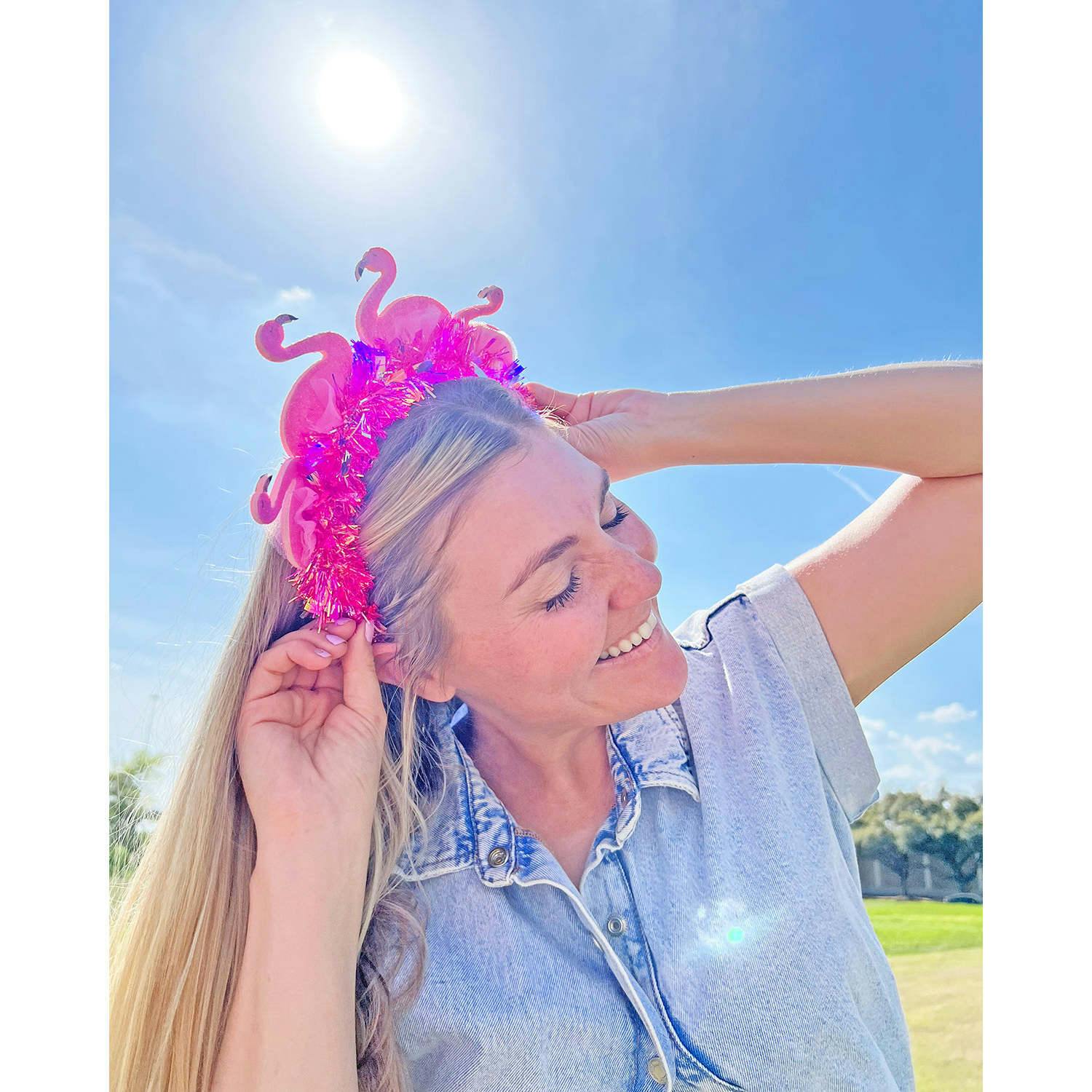 Packed Party Flamingo Party Novelty Headband - Pink Tinsel with 3D Glitter Flamingos for Beach, Pool, and Bachelorette Parties, 8.5x9.5 Inch, One Size - Image 2