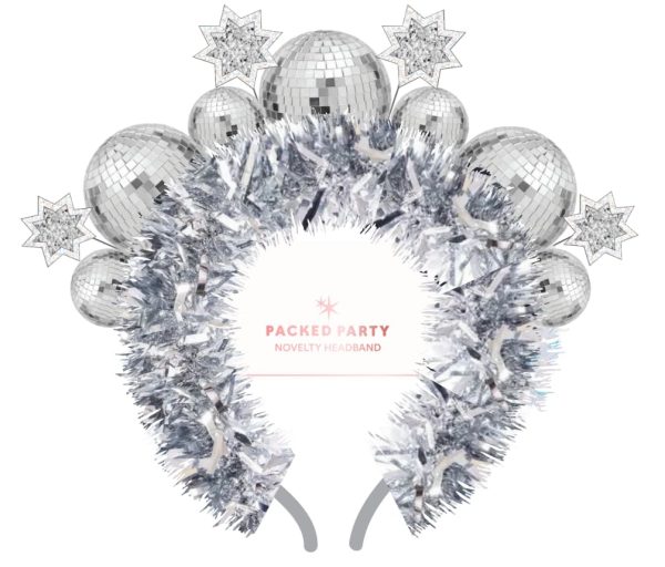Packed Party Disco Ball Novelty Headband - Silver Tinsel Satin Headband with Multi-Size Disco Balls and Silver Glitter Stars, One Size Fits All - Image 4