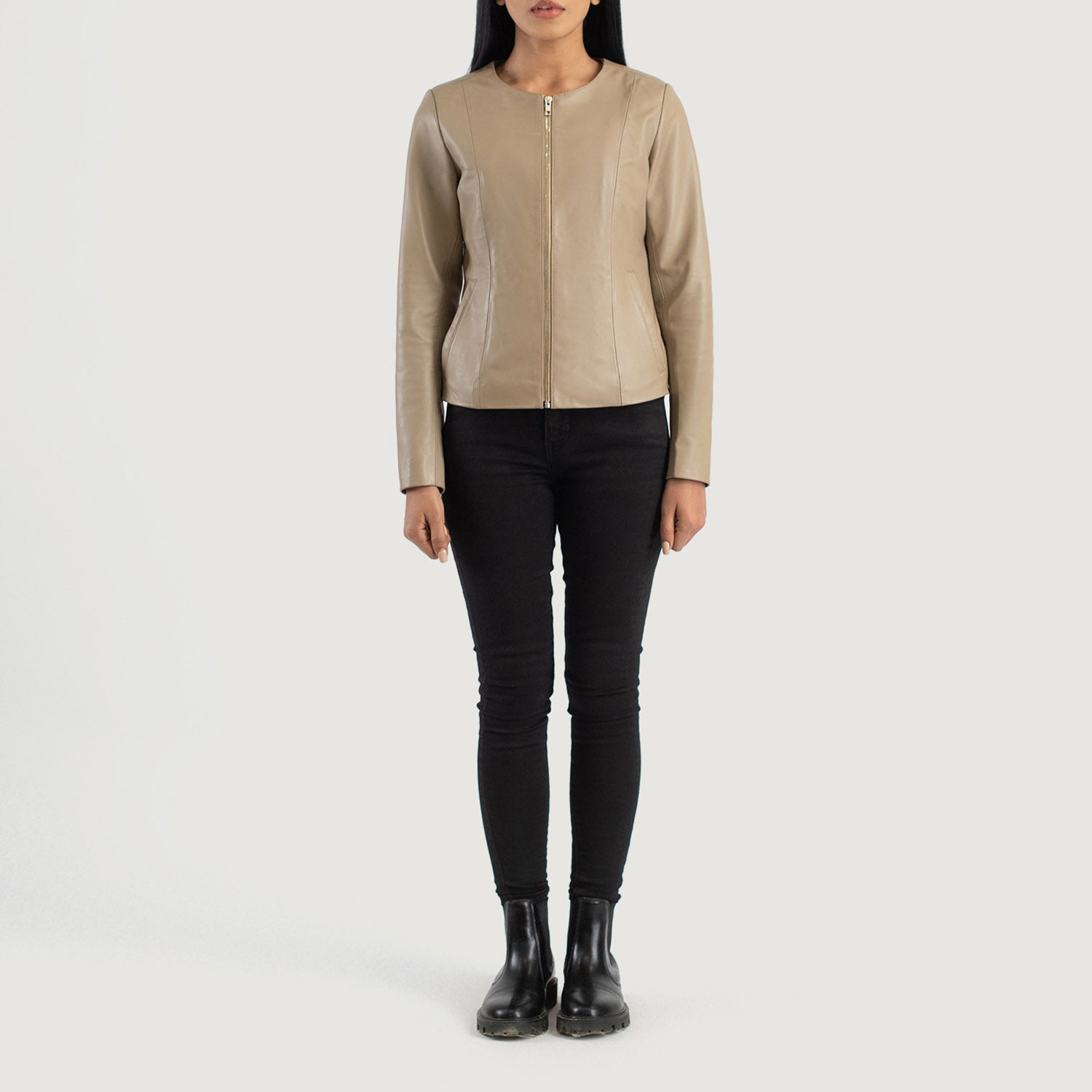 Elixir Beige Collarless Leather Jacket - Image 3