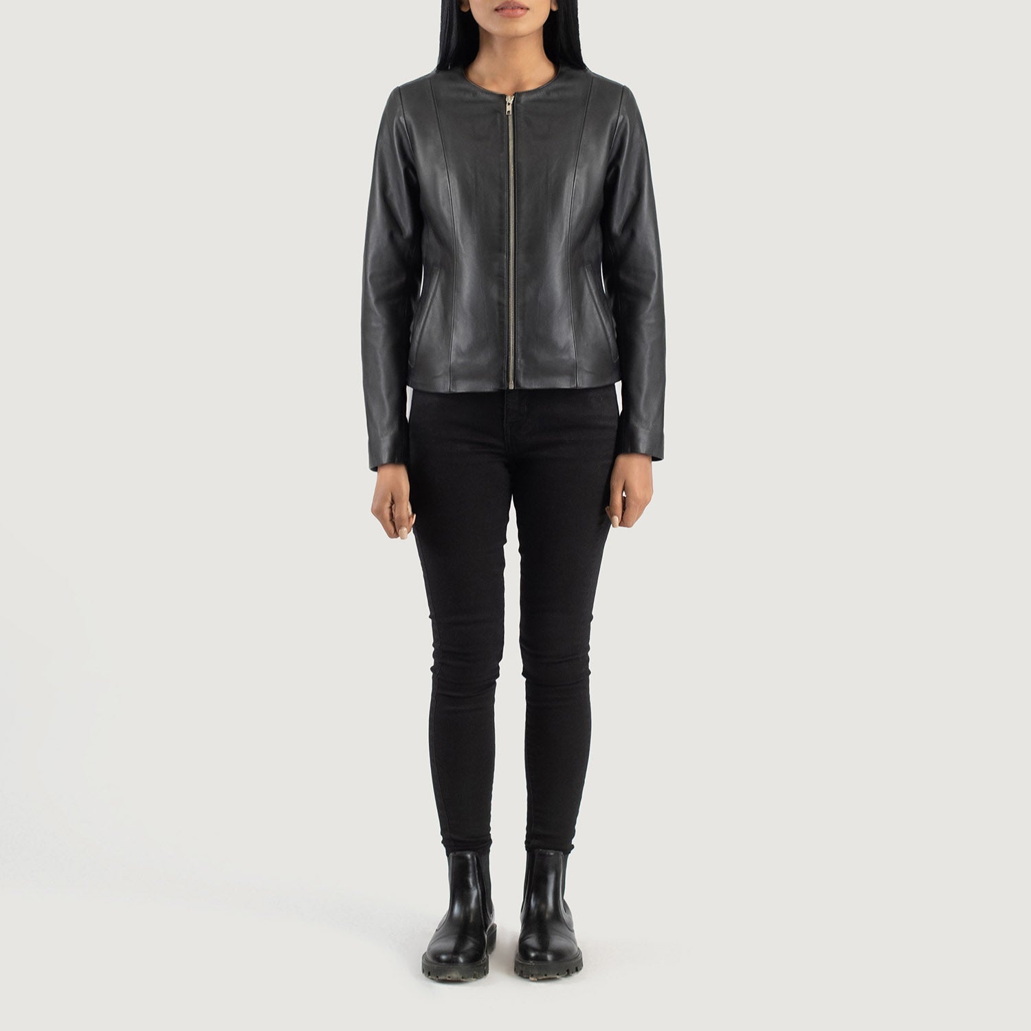 Elixir Black Collarless Leather Jacket - Image 3