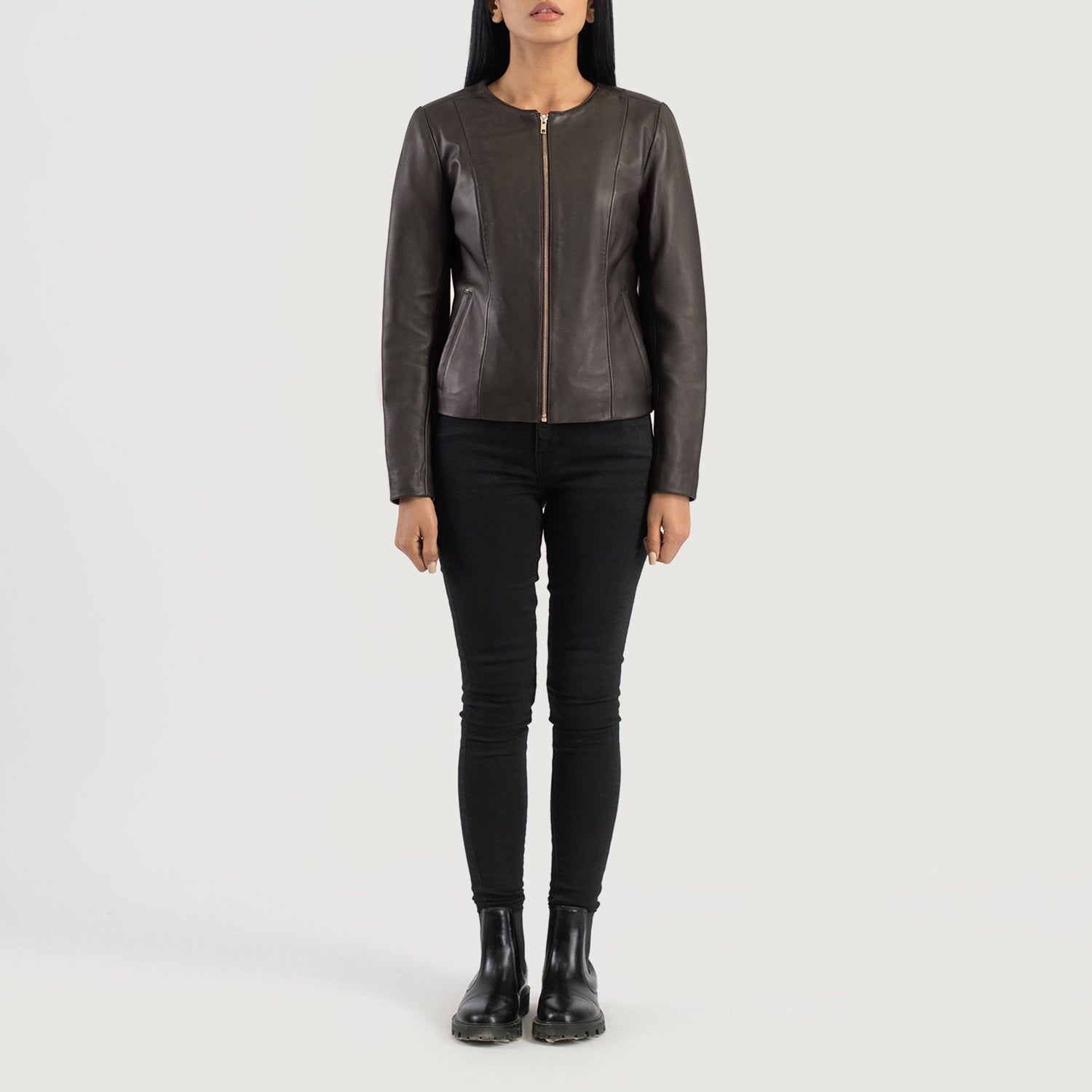 Elixir Brown Collarless Leather Jacket - Image 3