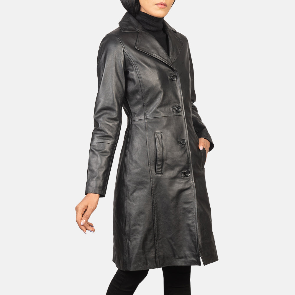 Alexis Black Single Breasted Leather Coat - Image 4