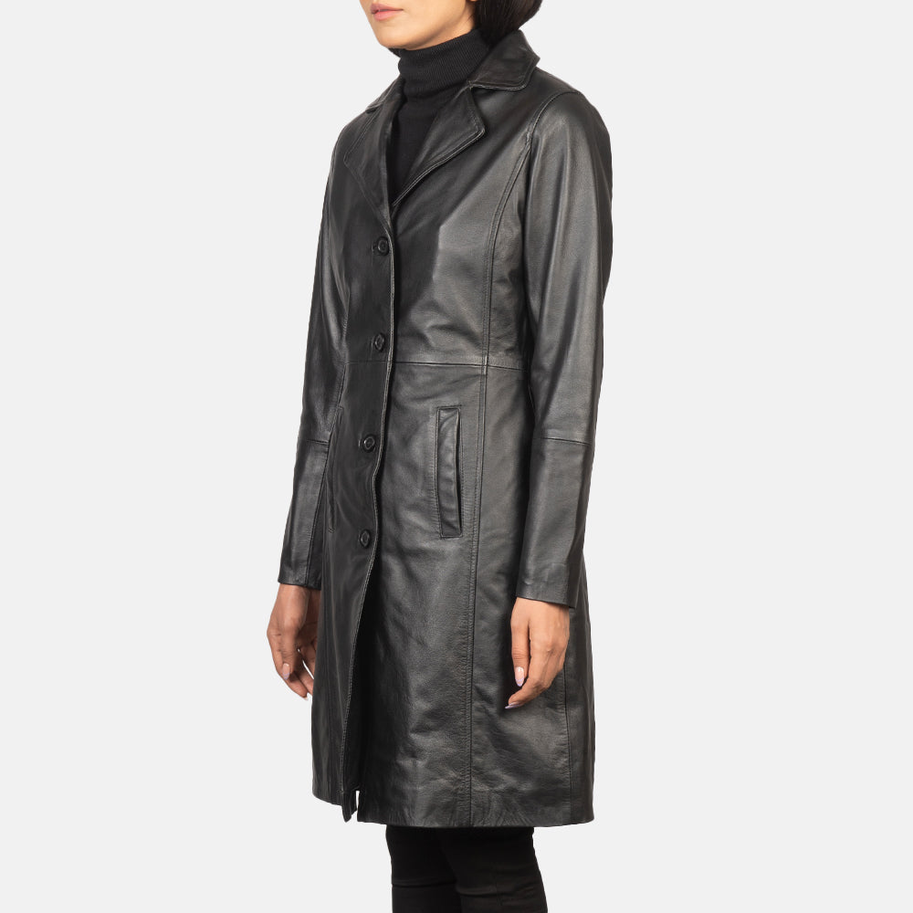 Alexis Black Single Breasted Leather Coat - Image 3