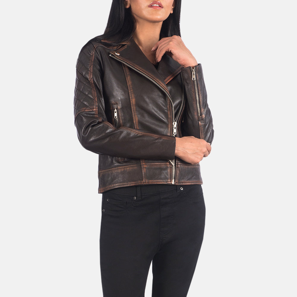Carolyn Quilted Vintage Brown Biker Jacket - Image 4
