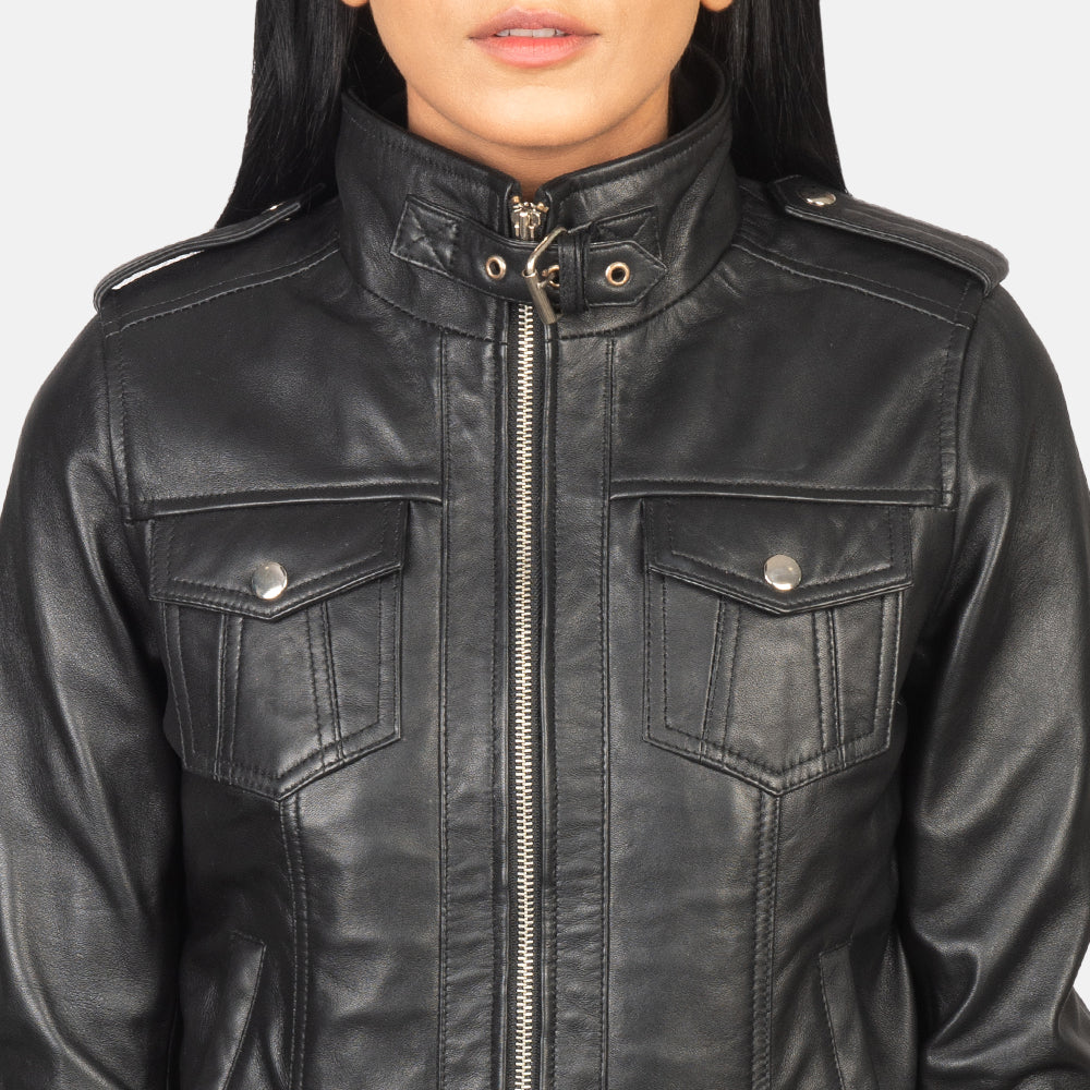 Roslyn Black Hooded Leather Bomber Jacket - Image 6