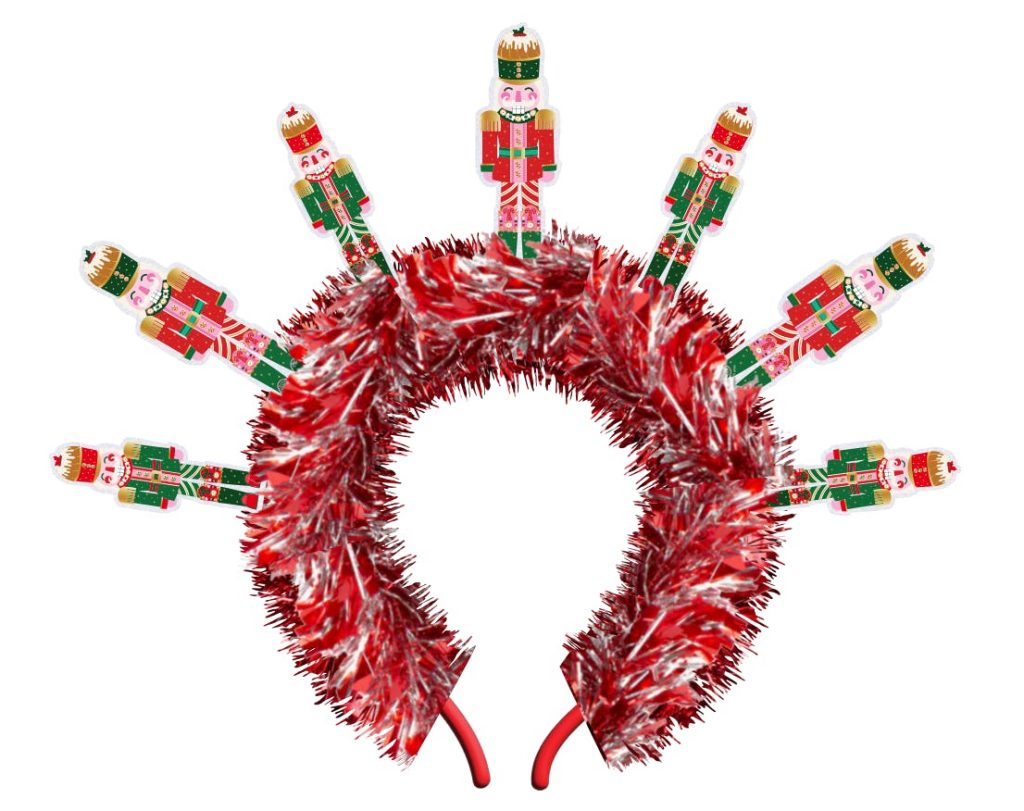 Packed Party Nutcracker Novelty Holiday Headband - Red Tinsel Headband with Mini Nutcrackers for Christmas Parties and Holiday Celebrations, One Size Fits All