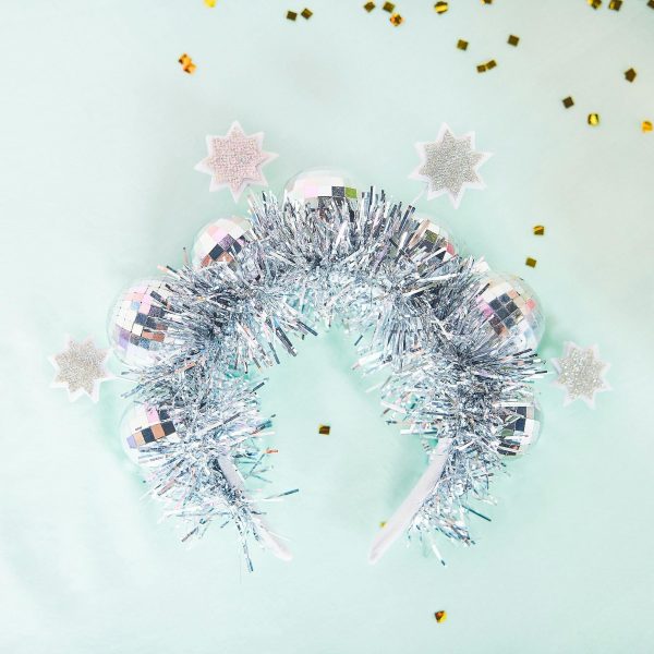 Packed Party Disco Ball Novelty Headband - Silver Tinsel Satin Headband with Multi-Size Disco Balls and Silver Glitter Stars, One Size Fits All - Image 5