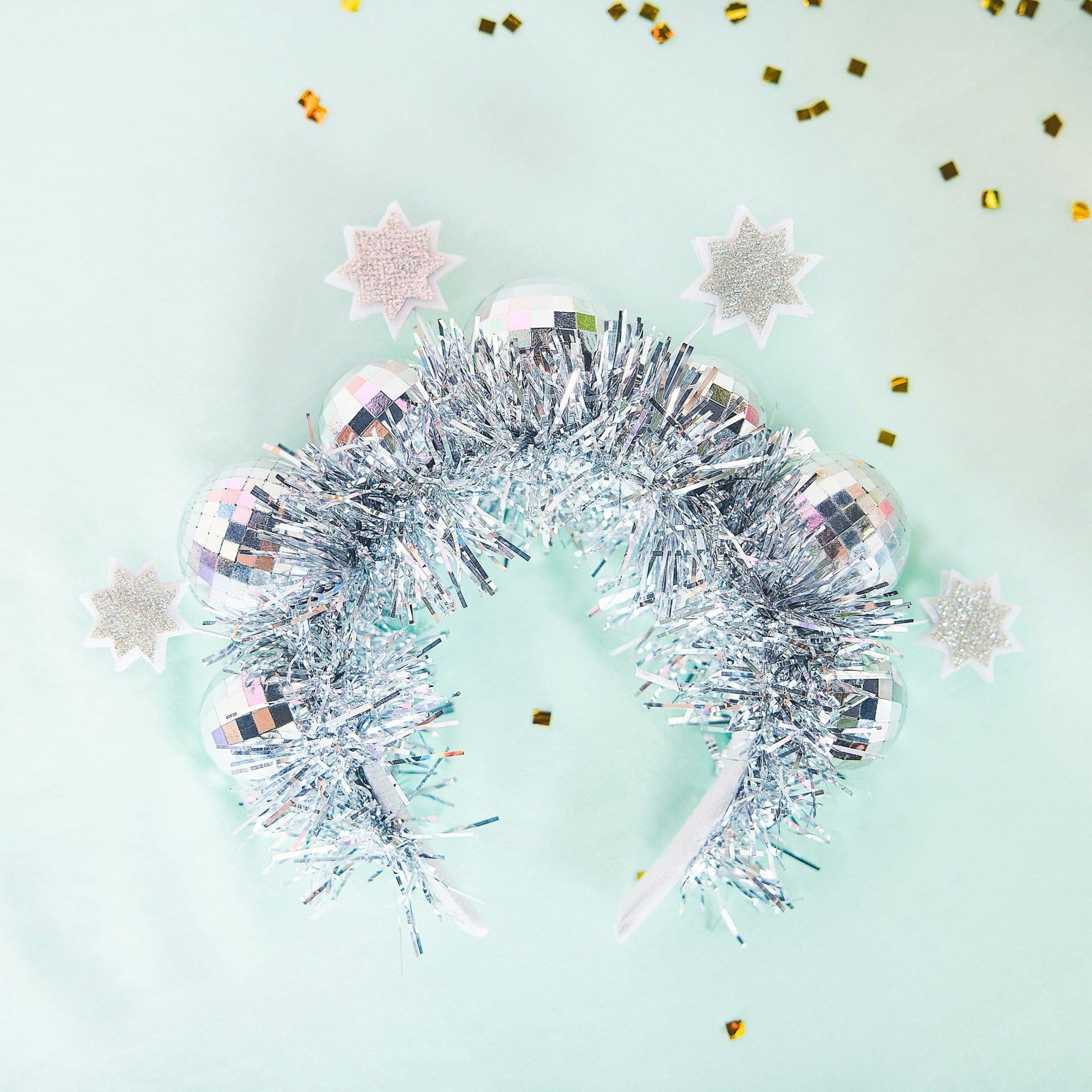 Packed Party Disco Ball Novelty Headband - Silver Tinsel Satin Headband with Multi-Size Disco Balls and Silver Glitter Stars, One Size Fits All - Image 5