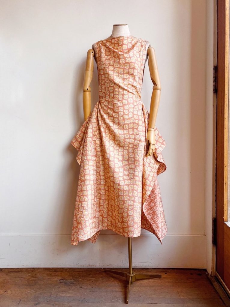 Zero-Waste Dress in Peach and Gold Dot Abstract Tile