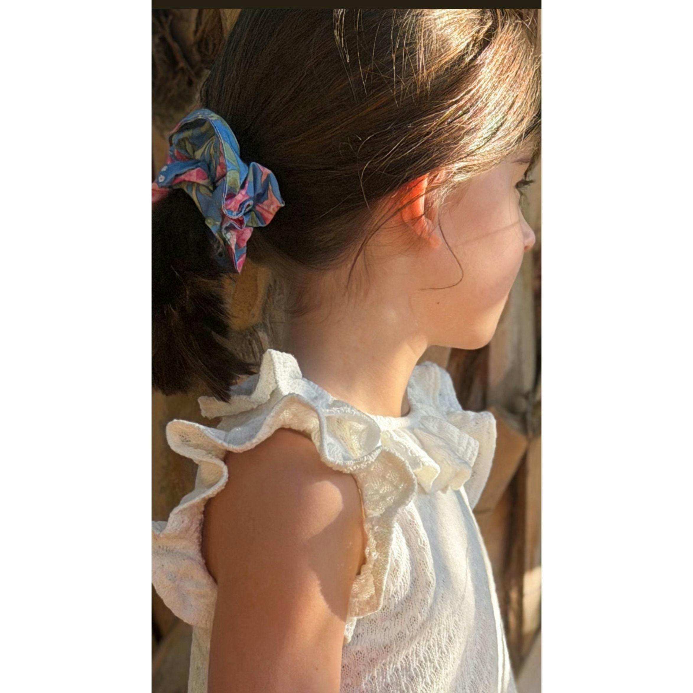 Scrunchie in Blue with Pink Bougainvillea - Image 2