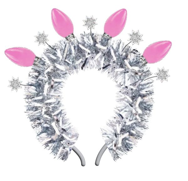Packed Party Tinsel Topper Christmas Light Novelty Headband - Silver Tinsel with Pink Christmas Lights and Silver Glitter Stars for Holiday Parties, One Size - Image 2