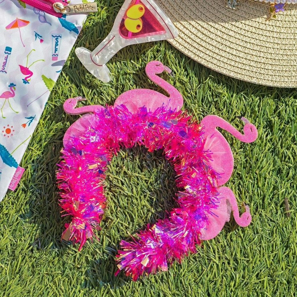 Packed Party Flamingo Party Novelty Headband - Pink Tinsel with 3D Glitter Flamingos for Beach, Pool, and Bachelorette Parties, 8.5x9.5 Inch, One Size