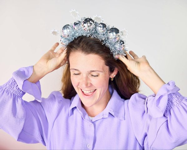 Packed Party Disco Ball Novelty Headband - Silver Tinsel Satin Headband with Multi-Size Disco Balls and Silver Glitter Stars, One Size Fits All - Image 3