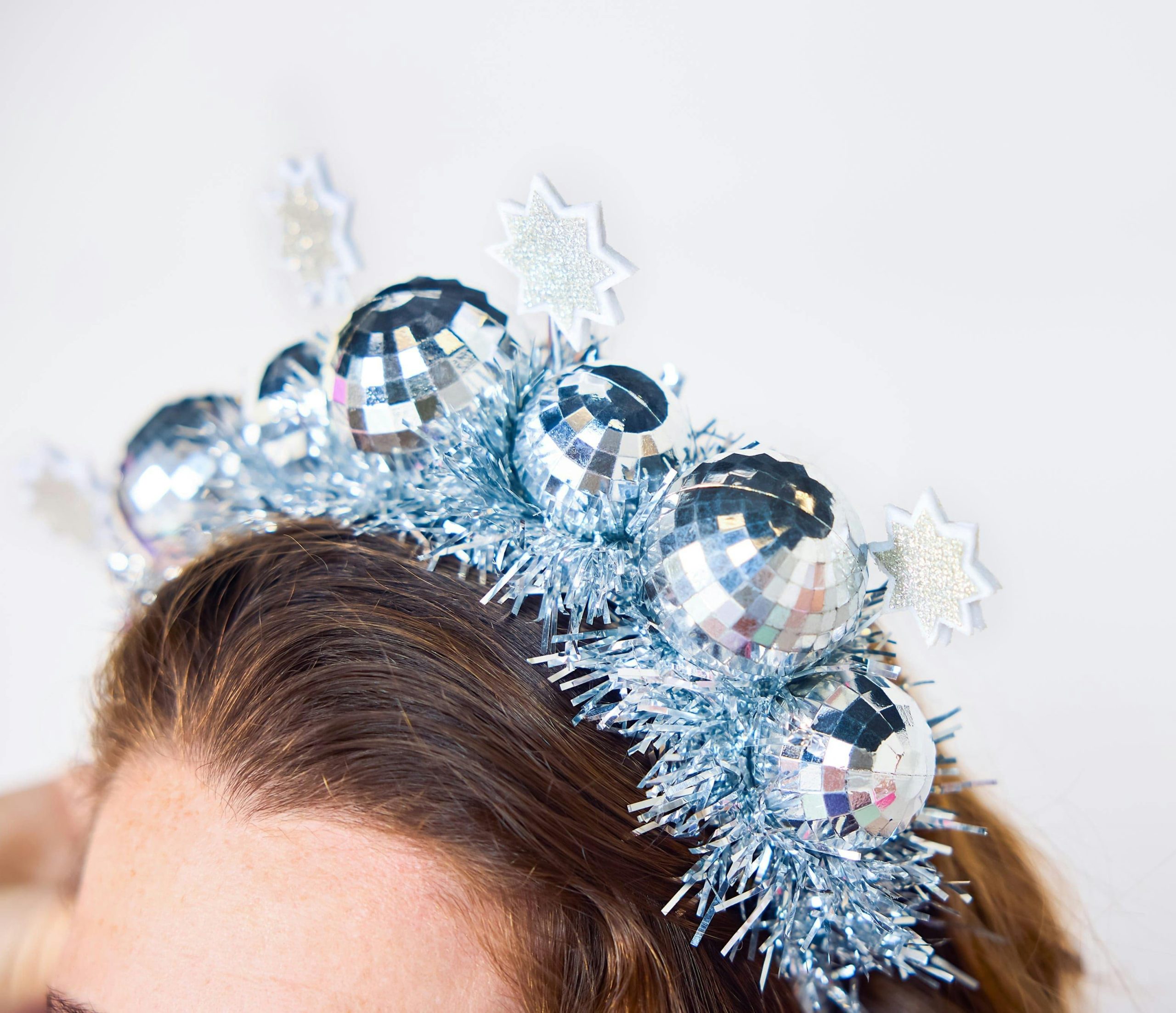 Packed Party Disco Ball Novelty Headband - Silver Tinsel Satin Headband with Multi-Size Disco Balls and Silver Glitter Stars, One Size Fits All - Image 7