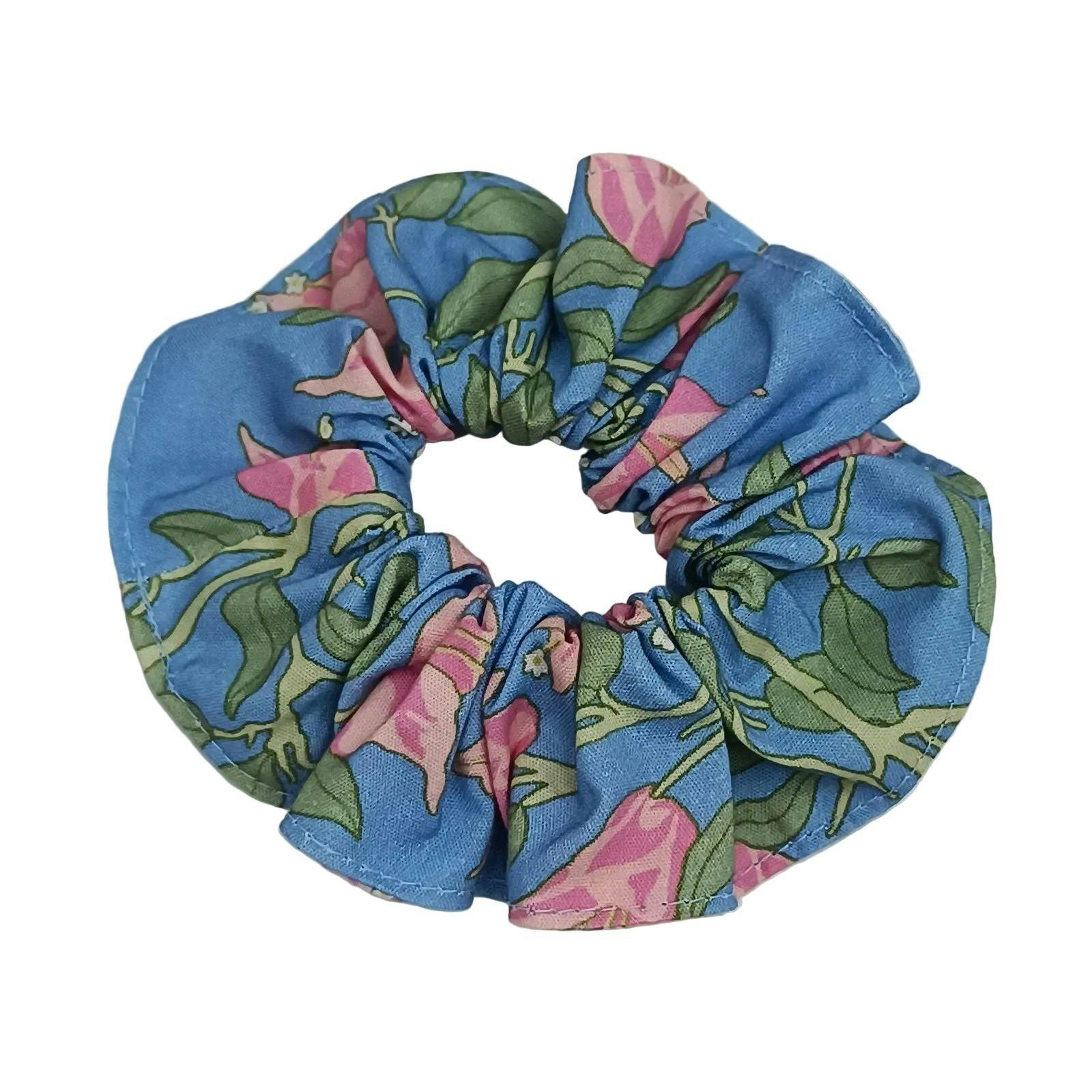 Scrunchie in Blue with Pink Bougainvillea - Image 1